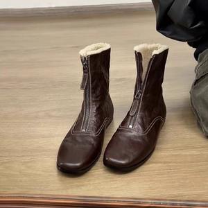 Botines de invierno retro de piel de oveja para mujer, forrados de vellón, convertibles, con cremallera frontal, punta cuadrada, tacón grueso, suaves y versátiles, a la moda. - Product Image 1