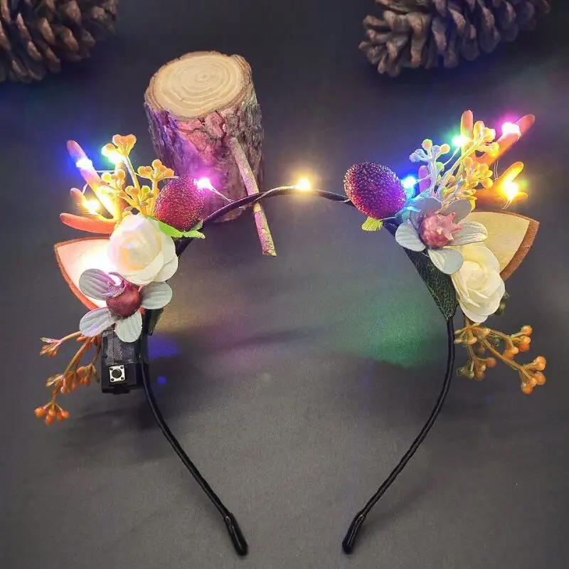 New Led Reindeer Antlers Headband Christmas Deer Ear Flower Illuminate Crown Hair Clip Party Hairband Wedding Jewelry Gift