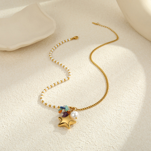 Collier en acier inoxydable avec pendentif en forme d'étoile en pierre naturelle imitation perle - une chaîne à maillons au design unique - Product Image 2