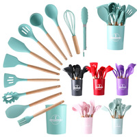 12 pièces en 1 ensemble accessoires de cuisine en Silicone outils de cuisine ensembles d'ustensiles de cuisine en Silicone avec poignées en bois