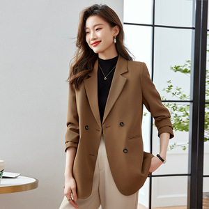 Women's Blazer Brown Solid Color Polyester Anti-Wrinkle Professional Office Wear - Product Image 1