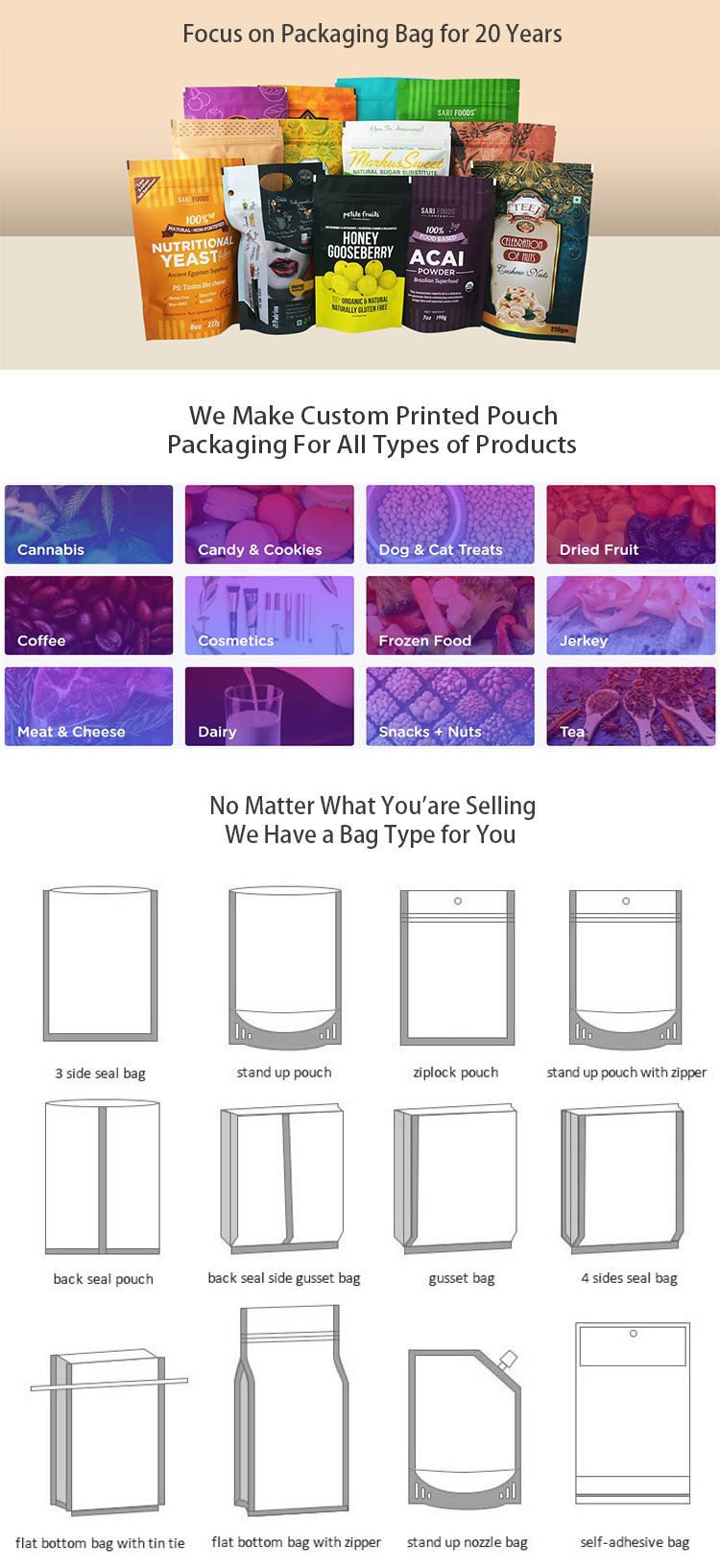 Qual Seal Flat Bottom Stand Up Pouch Slide Zipper With Side Gusset, Metalized 8 Side Seal Food Pouch bags