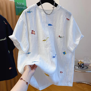 Nuova moda estiva girocollo in <span class=keywords><strong>lino</strong></span> ricamato a maniche corte ampia <span class=keywords><strong>t</strong></span>-<span class=keywords><strong>shirt</strong></span> da <span class=keywords><strong>donna</strong></span> - Product Image 1