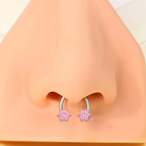 Anneau de nez en acier inoxydable en forme de fleur, anneau en C, anneau de septum fer à cheval avec incrustation de zircon pour piercing, bijou cadeau - Product Image 4