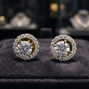 Boucles d'oreilles clous de fiançailles classiques en or massif 14 carats avec halo de diamants de laboratoire ronds certifiés IGI - Product Image 1