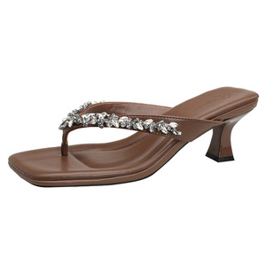 Women Square Toe Heeled Sandals Rhinestone Decorated Low <b>Block</b> Heel Elegant Slip-On Summer Fashion Style - Product Image 5