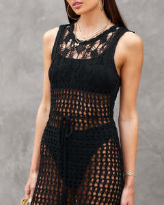 Robe <span class=keywords><strong>longue</strong></span> de plage JSN en maille ajourée à franges, idéale comme paréo ou cache-maillot de bain - Product Image 4