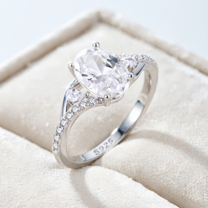 Jewelry Wholesaler 925 Sterling <b>Silver</b> Classic Engagement Promise <b>Rings</b> Rhodium Plated 3 Stone Oval Zircon <b>Adjustable</b> Size Fine - Product Image 3