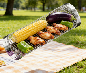 Parrilla para Camping, Parrilla de <span class=keywords><strong>Barbacoa</strong></span>, Parrilla Cilíndrica de Malla de Acero Inoxidable, Accesorios de Cocina, Cesta Rodante para <span class=keywords><strong>Barbacoa</strong></span> - Product Image 1