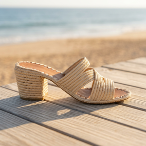 Sandales artisanales à rayures en raphia, couleurs mélangées, bout ouvert, semelle en cuir véritable, respirantes, pour intérieur, toutes saisons - Product Image 2