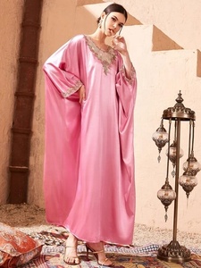 Ky tương phản ren hoa thêu <span class=keywords><strong>DOLMAN</strong></span> Batwing tay áo satin phụ nữ kaftan Dresses hồi giáo ăn mặc cho phụ nữ - Product Image 3