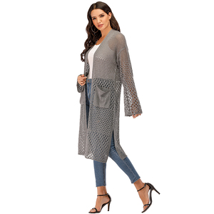 Amzn AE fb eb tiktok oem Usine en gros femmes <span class=keywords><strong>ajouré</strong></span> creux tricoté <span class=keywords><strong>cardigan</strong></span> couleur uni long pull cardigans - Product Image 3