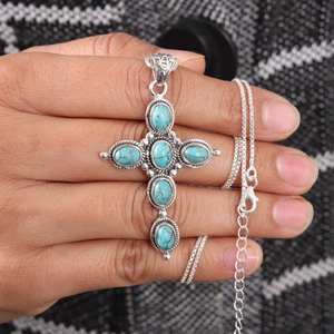 Collier Turquoise Pendentif Croix En Argent Sterling Solide Collier Croix Turquoise Vintage Meilleur Cadeau De Noël - Product Image 4