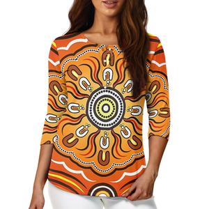 Camiseta abotonada para <span class=keywords><strong>mujer</strong></span>, 3/4 Camiseta de manga, camisetas con patrón <span class=keywords><strong>aborigen</strong></span> tribal <span class=keywords><strong>australiano</strong></span>, camiseta informal diaria, camisetas Vintage para <span class=keywords><strong>mujer</strong></span> - Product Image 1