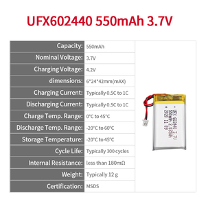리튬 이온 폴리머 셀 공장 공급 자전거 라이트 배터리 UFX 602440 550mAh 3.7V 소형 Lipo 배터리 - Product Image 2