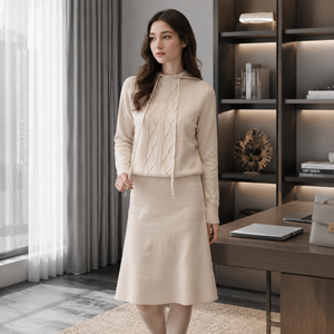 เดรสไหมพรมทรงเข้ารูปเอวสูงความยาวปานกลาง หลายสี ดำ แอพริคอต แดง น้ำเงิน ระบายอากาศได้ดี แขนยาว คอตั้ง สีพื้น - Product Image 2