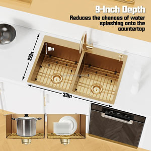 New Arrival 33*22 inch Vàng 304 thép không gỉ Bồn Rửa Nhà Bếp bát đôi hai lỗ <span class=keywords><strong>handmade</strong></span> hiện đại lưu vực vòi nước - Product Image 5
