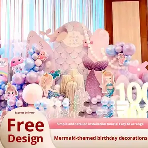 Décoration de scène d'anniversaire sur le thème de la princesse sirène, décoration de fête d'anniversaire pour filles, premier anniversaire, banquet, ballon, fond de mur KT - Product Image 1