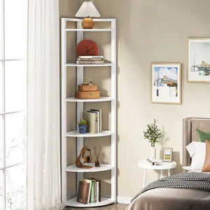 Factory direct open-back minimalist white 6 tier wooden storage corner shelving display shelf units standing type