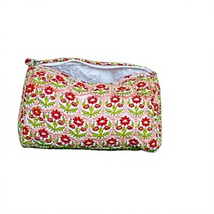 Vintage Floral Quilted Cotton Wash Cosmetic Pouch with Zipper Closure for Travel <b>Makeup</b> Bag - Product Image 1