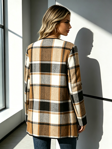 Women Plus Size Vintage Plaid Print Collar <b>Cardigan</b> Casual Standard Open Front Coat for Autumn Daily Outfit - Product Image 3