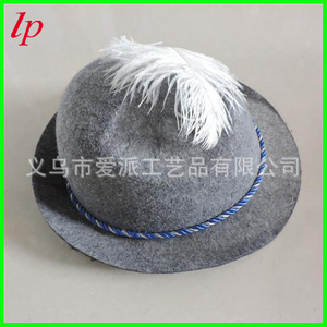 Chapeau en feutre gris Lp avec plume blanche et bande en corde bleue pour fête du bière, unisexe - Product Image 3