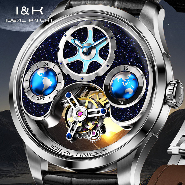 Knight New Blue Earth Series Tourbillon Luxury Mechanical Analog Watch 43mm Acrylic Case Sapphire Crystal 50m Water Resistant