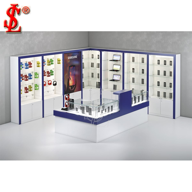 Custom Mobile Phone Shop Display Cabinet Cell Phone Accessory Showcase Counter LED Light Phone Display Kiosk Complete Mobile