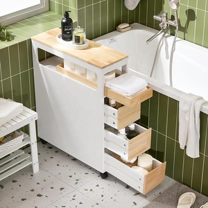 Narrow White Kitchen Wood Bamboo <strong>Towel</strong> Toilet Paper <strong>Bathroom</strong> <strong>Storage</strong> <strong>Cabinet</strong> with Wheels - Product Image 3