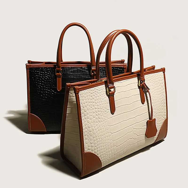 Croco White Vegan PU Tote Handle Bag Office Lady Shopper Bag Shoulder Handbags