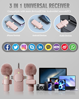 Microphone cravate sans fil 3-en-1 K15 (Rose) avec connecteur Type-C, construction métallique pour iPhone/iPad/Android, caméra, vidéo, podcast, vlog