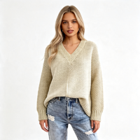 Pull en maille texturée épaisse à col en V pour femme, couleur unie avoine, coupe ample, manches longues, poignets côtelés, idéal pour l'automne – Marques privées