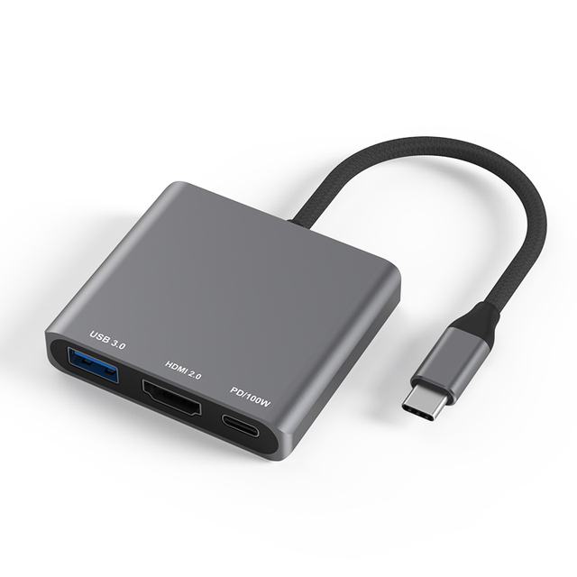 3 in 1 Aluminum Alloy Type-C Hub USB C to HDMI 4K 60Hz USB3.0 PD100W Charging Docking Station USB Type C Hub for Laptop PC