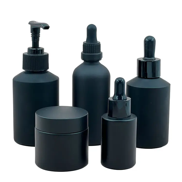 Matte black 60g 30ml 100ml 120ml glass lotion black glass oil pump bottle glass jar cosmetic packaging set