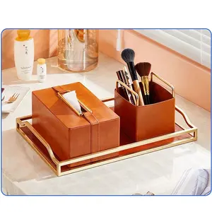 Caja de pañuelos de cuero personalizada para el hogar, almacenamiento de mesa de lujo, bandeja decorativa para servir