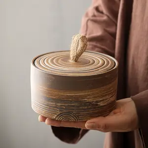 Jarra de cerámica de estilo japonés hecha a mano, almacenamiento retro de artículos secos, granos de café sellados, embalaje de té con mango de cuerda de cáñamo