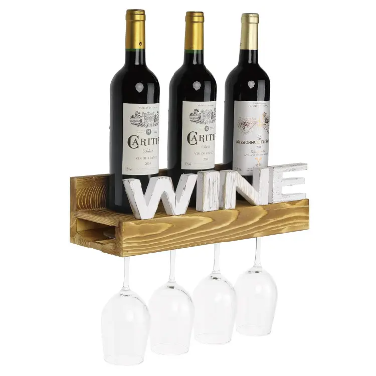 Rustic Burnt Wood Wall Mounted Wine Bottle Floating Shelf and Wine Glass Holder Stemware Rack with Whitewashed Block Letter