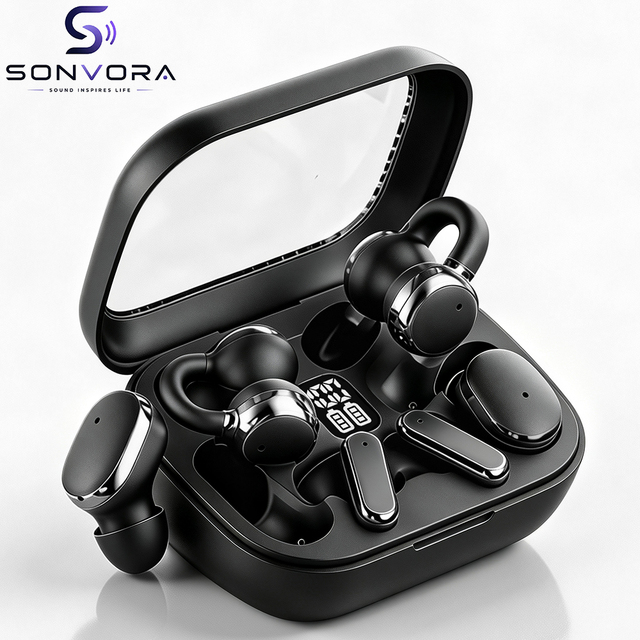 Q135 3 in 1 Wireless Earbuds, Open Ear Clip / in Ear / Semi in Ear Earphones with LED Power Display, ENC Clear Call