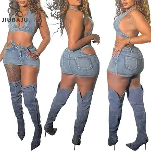Jeans Minikürze Outfit-Set sexy Damen elegant zweiteilig Denim Klub-Zubehör-Set Oberteil + ausgehöllter Rock