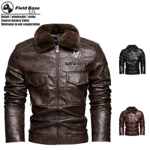 سترة جلدية مخصصة للرجال سميكة ودافئة بياقة للارتداء في الخارج خلال فصل الشتاء، مطرزة من الجلد الصناعي مناسبة للارتداء اليومي - Product Image 1