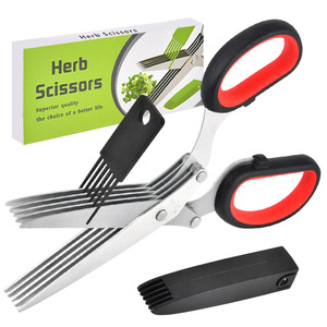 Tijeras de cocina de acero inoxidable de cinco capas, 5 pulgadas, negras y rojas, con cabeza recta, para cortar hierbas y verduras, para uso doméstico. - Product Image 4