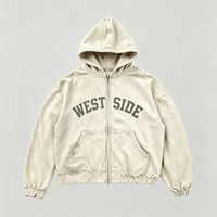 Sweat à capuche zippé vintage délavé avec imprimé lettres WEST SIDE, en coton délavé soleil, style streetwear, coupe ample, effet usé pour homme