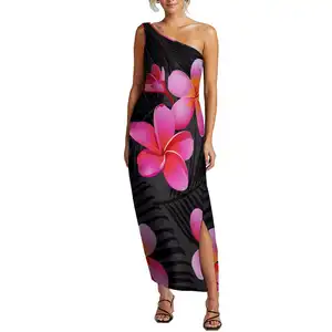 Groothandelsprijs Mode Hawaiiaans Ontwerp Sexy Jurk Pacific Zwarte Hibiscus Elegante Comfortabele Mouwloze Off Shoulder Jurk Lage Moq