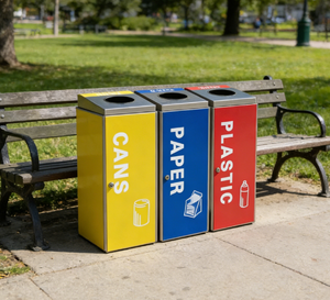 Poubelle <span class=keywords><strong>de</strong></span> tri des déchets à 3 compartiments configurable, jaune et rouge, pour restaurant intérieur, tri triple, avec séparation - Product Image 4