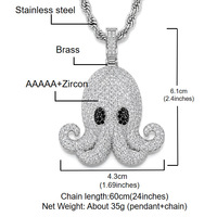 Collier pendentif pieuvre Iced Out en laiton doré et argenté avec micro-pavé de zircone cubique pour homme, bijoux hip-hop streetwear