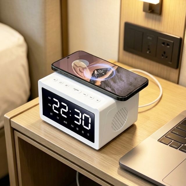 Bedside Desktop Speaker for V5.3 10-30W Wireless Charger Digital Clock Alarm FM Radio TF USB AUX Multi Functional