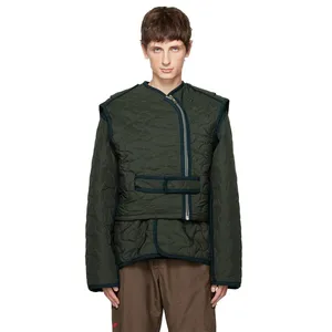 OEM custom Concealed Button Closure Quilted Nylon Taffeta Vest Jacket Set for Men Unique Design Pine Green waistcoat