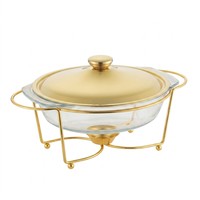 Chauffe-Plats Rond Élégant en Verre 2L avec Cadre Doré et Couvercle Doré Mat pour Dîner en Famille, Mariage, Buffet, Traiteur