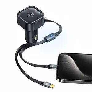 Cargador de coche de carga rápida USAMS CC220 30W PD con cable retráctil 2 en 1, cargador de coche rápido para adaptador iPhone Android