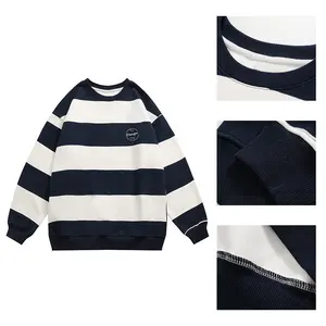 Latest Design Spring Wear Men Striped Crew Neck Sweatshirt Hot Sale Cotton Fleece Sweater Hoodie Customize Embroidery Logo